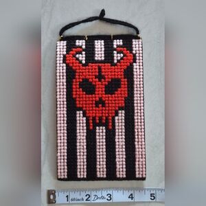 Handmade Cross Stitch Devil & Stripe Yarn Tapestry Wall Hanging